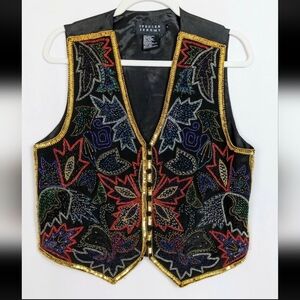 Spenser Jeremy Vintage 90s Floral Leaf Beaded Sequin Embellished Silk Vest sz.M
